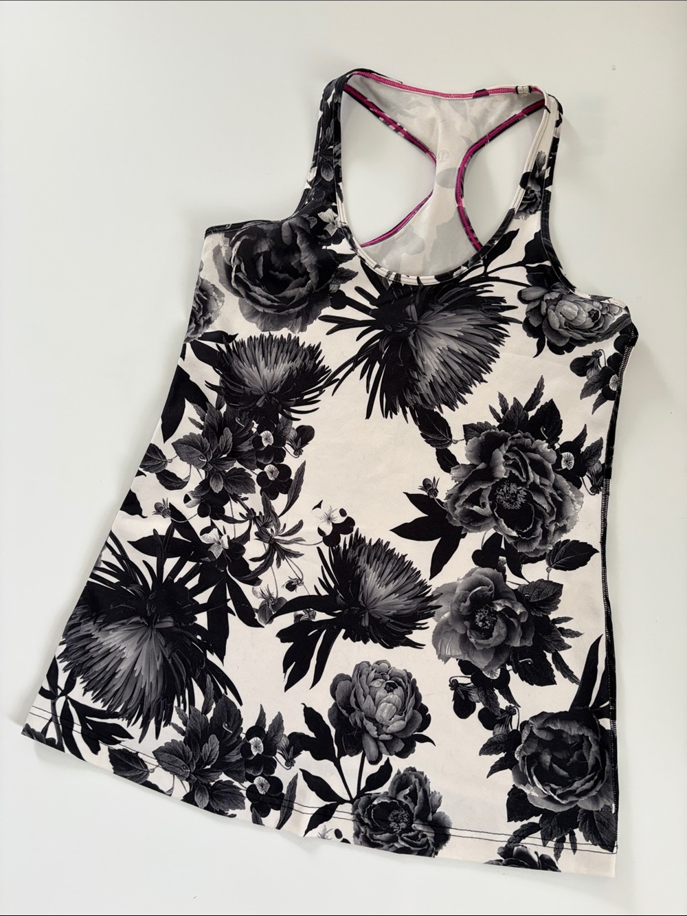 Lululemon Women’s Black & White Floral Racerback Tank - Casual Performance Top